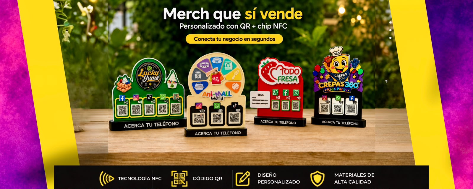 Merch que sí vende: tableros personalizados con código QR y chip NFC de Lucky Yums, Ani-MALL World, Todo Fresa y Crepas 360
